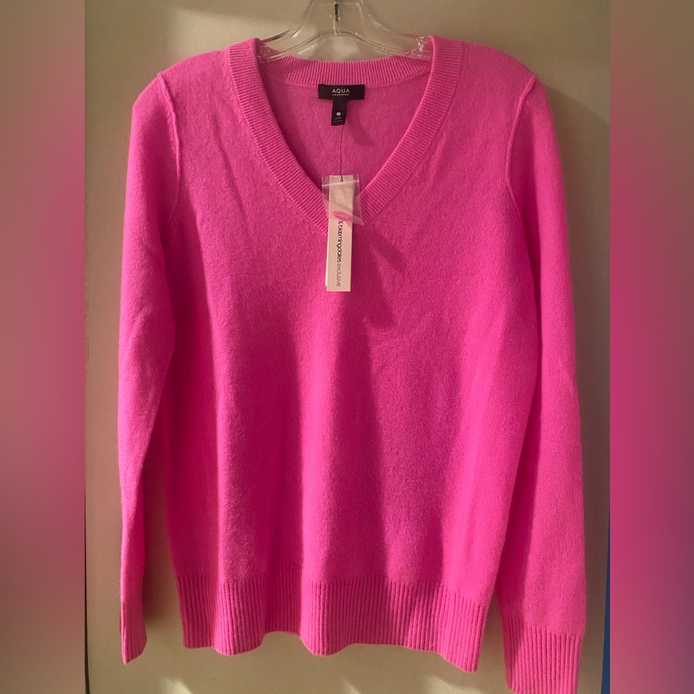 Aqua Hot Pink Cashmere V-neck Sweater
